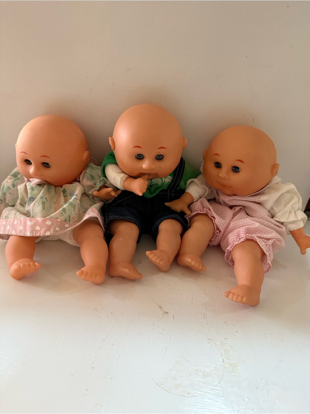 1999 Uneeda Precious Expressions Classic Baby Doll Trio -3 Pink & Green Outfits